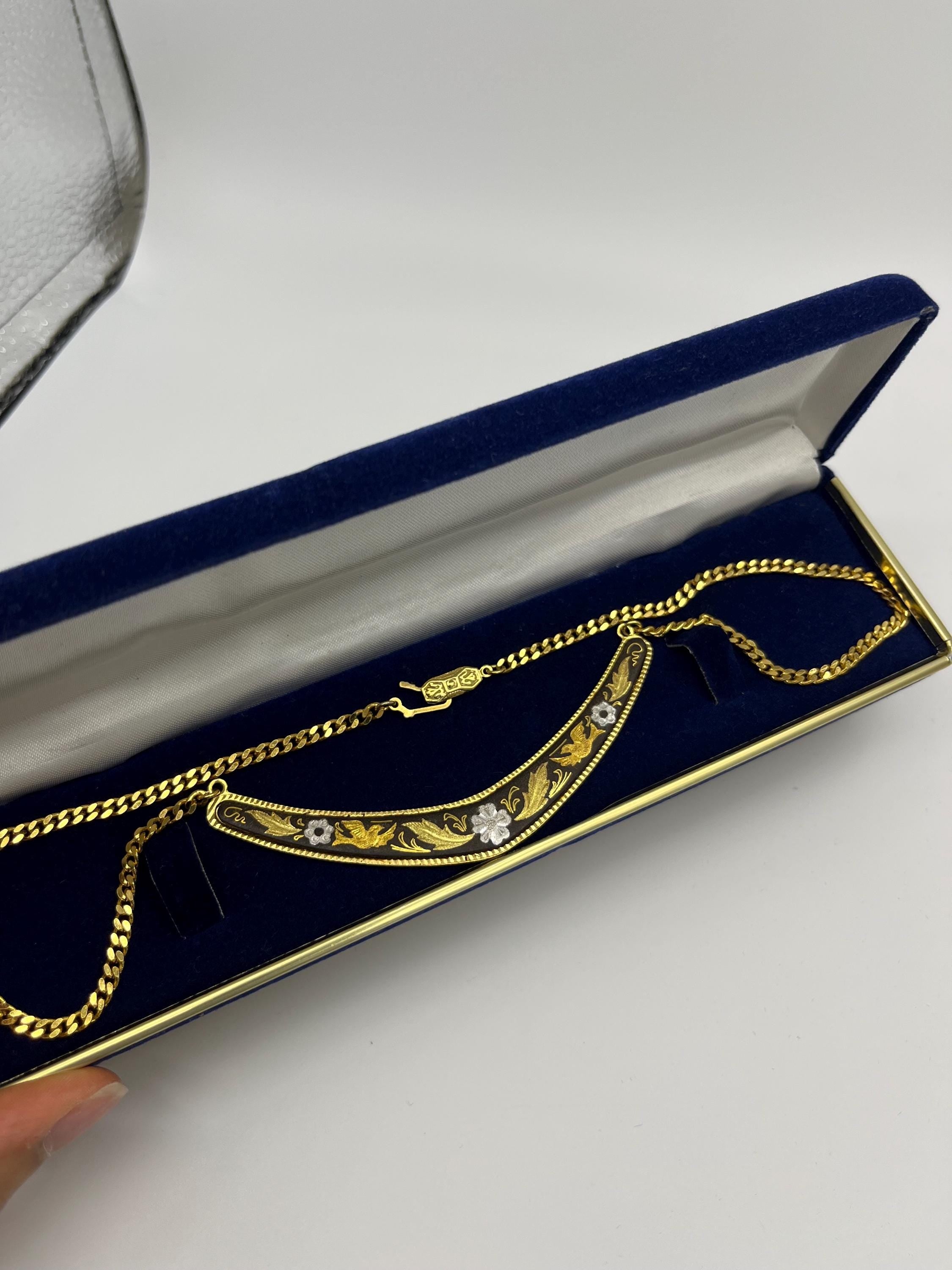 Victorian Revival Enamel Floral Necklace | Gold & Black Guilloché Chain Necklace | Elegant Vintage-Inspired Statement Jewelry