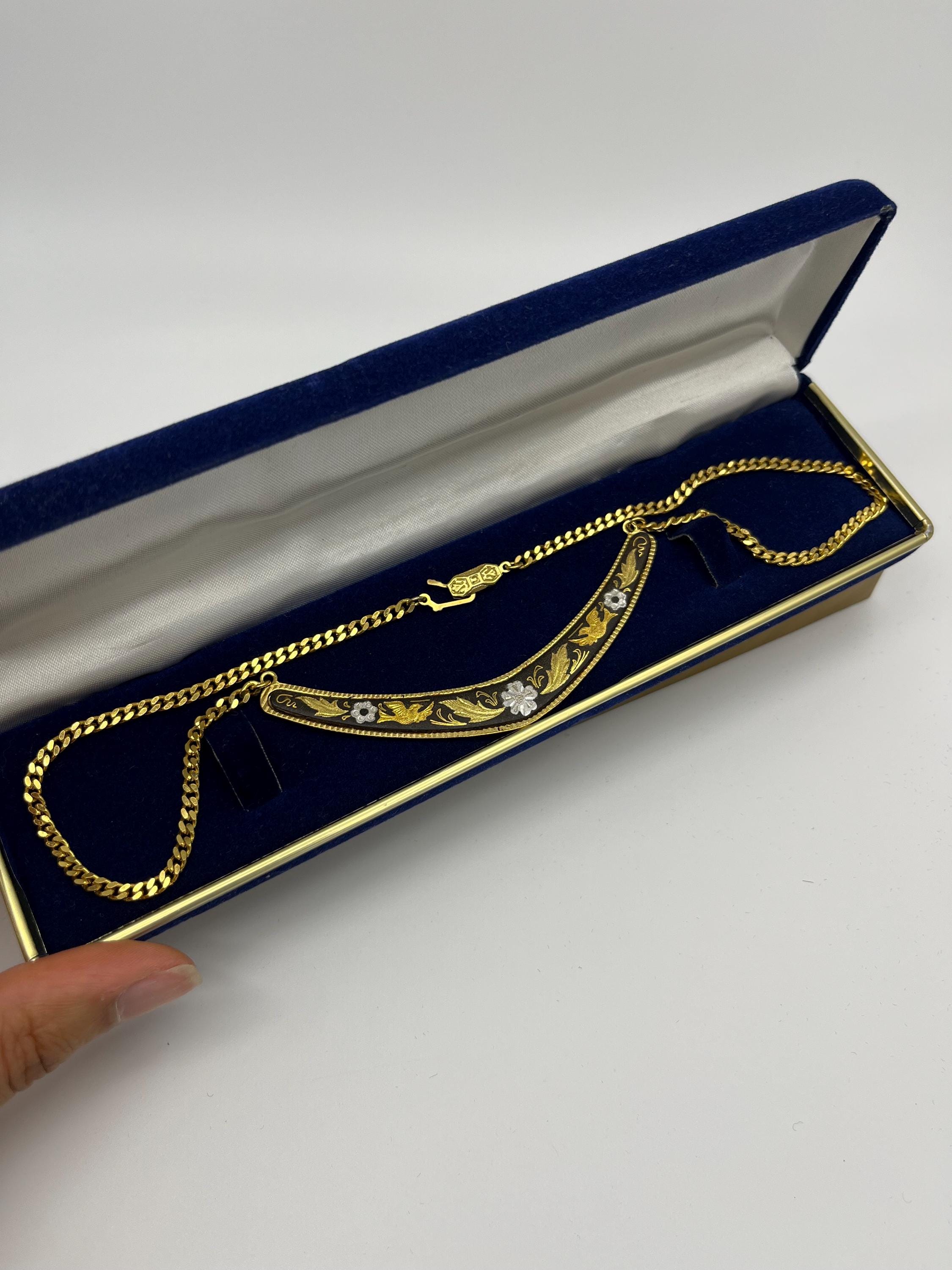 Victorian Revival Enamel Floral Necklace | Gold & Black Guilloché Chain Necklace | Elegant Vintage-Inspired Statement Jewelry