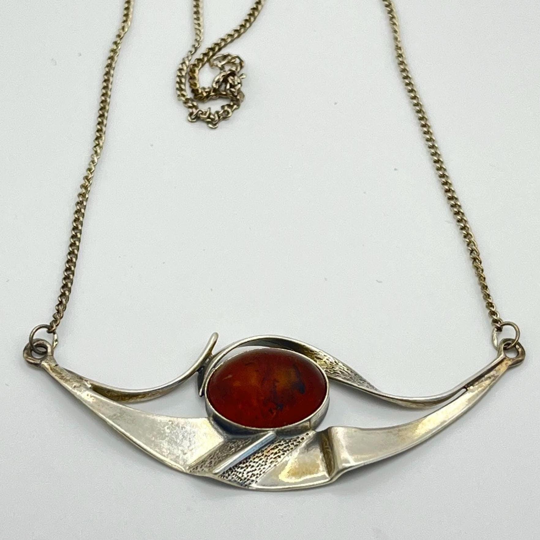 Vintage Modernist Silver & Amber Statement Necklace – Eye Motif – Sculptural Brutalist Style