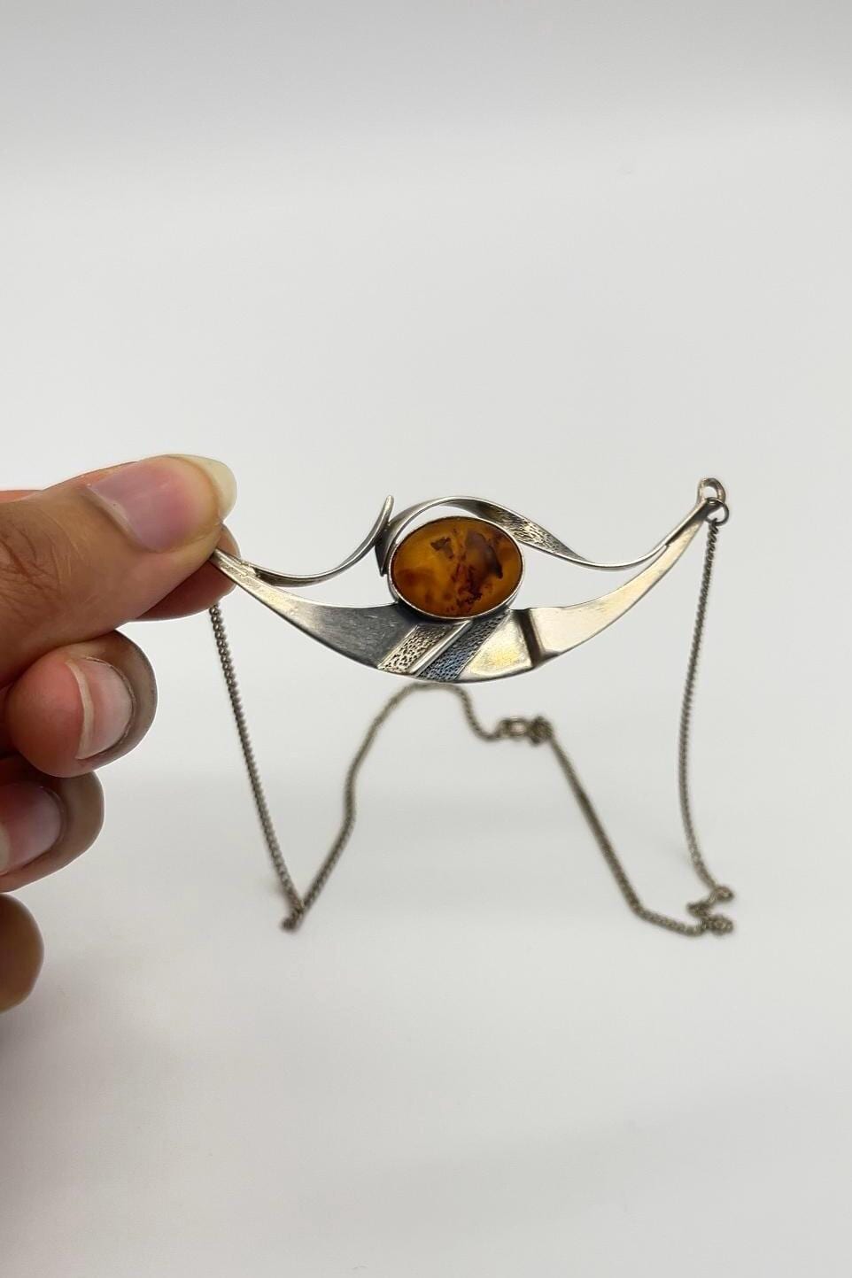 Vintage Modernist Silver & Amber Statement Necklace – Eye Motif – Sculptural Brutalist Style