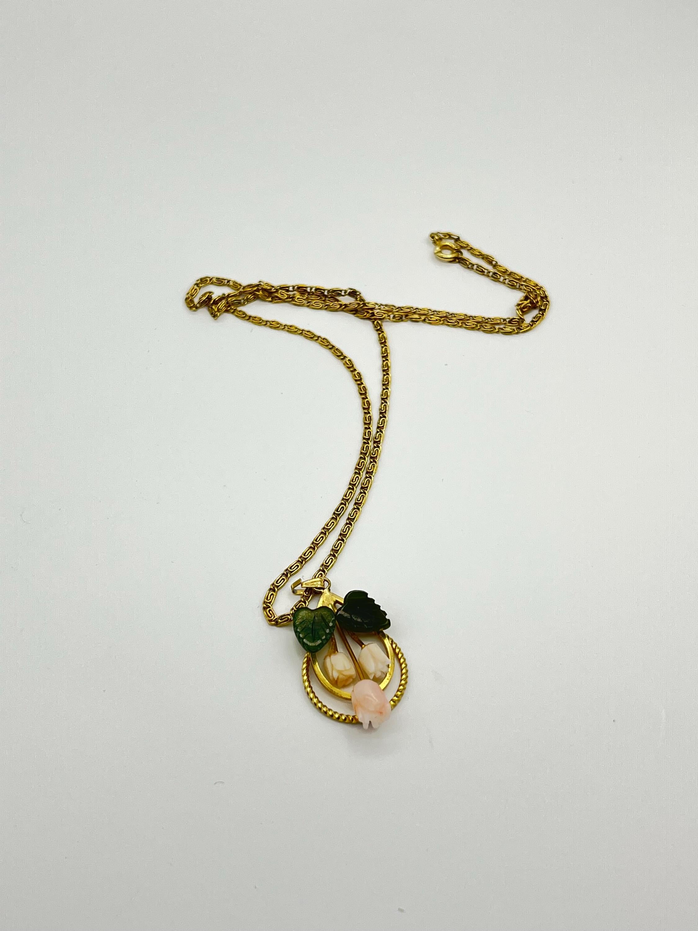 Vintage Floral Pendant Necklace with Carved Rosebuds & Leaves – Whimsical Fairytale Cottagecore Charm