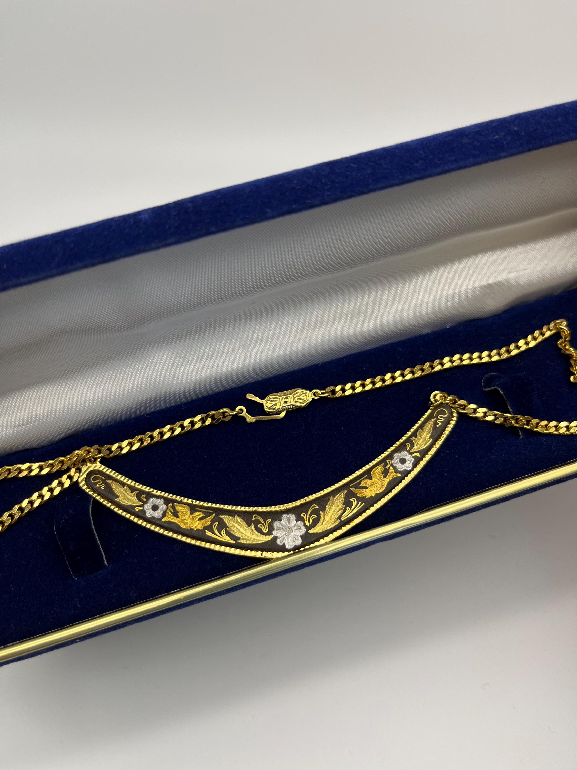 Victorian Revival Enamel Floral Necklace | Gold & Black Guilloché Chain Necklace | Elegant Vintage-Inspired Statement Jewelry