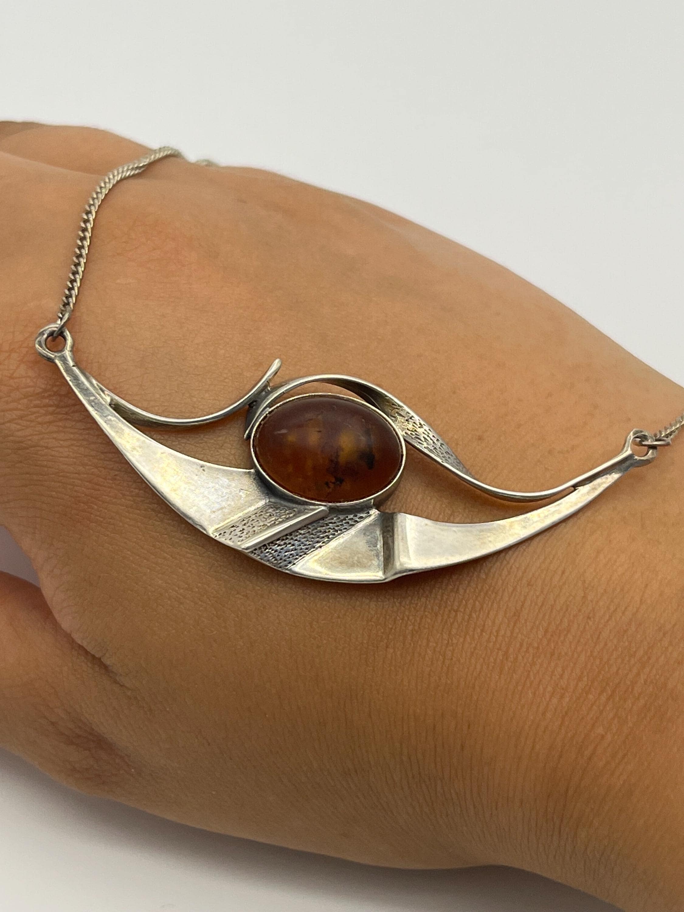 Vintage Modernist Silver & Amber Statement Necklace – Eye Motif – Sculptural Brutalist Style