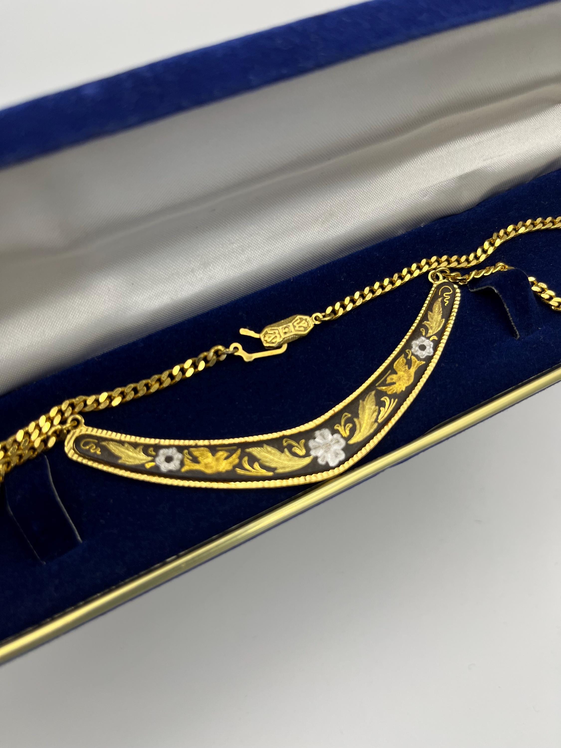 Victorian Revival Enamel Floral Necklace | Gold & Black Guilloché Chain Necklace | Elegant Vintage-Inspired Statement Jewelry