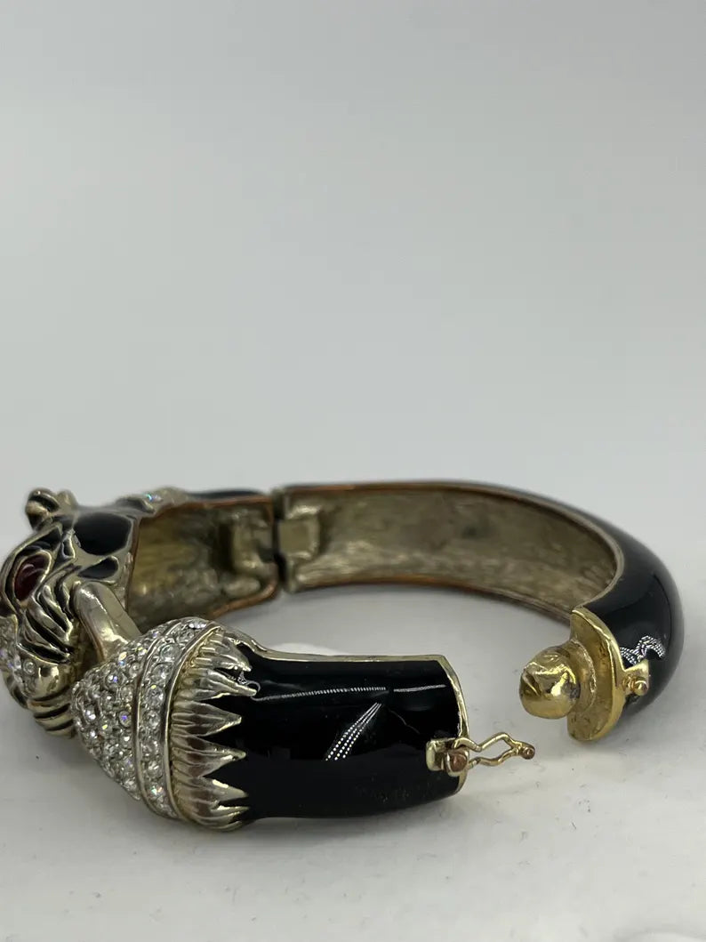 Fierce Ruby Eyed Panther Head Crystal Bangle Bracelet