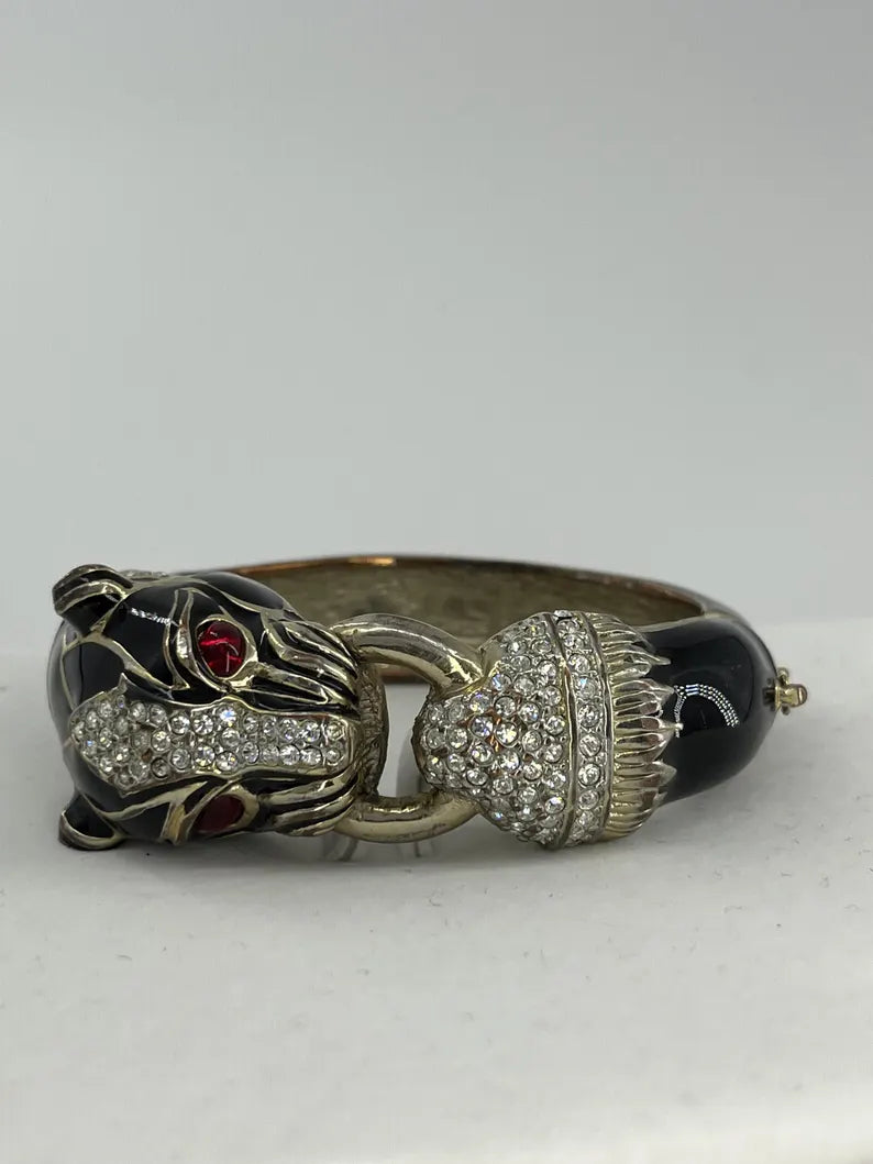Fierce Ruby Eyed Panther Head Crystal Bangle Bracelet