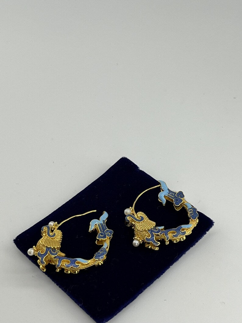 Vintage Gold Dragon Hoop Earrings with Pearl Accents - Blue & Gold Statement Jewellery