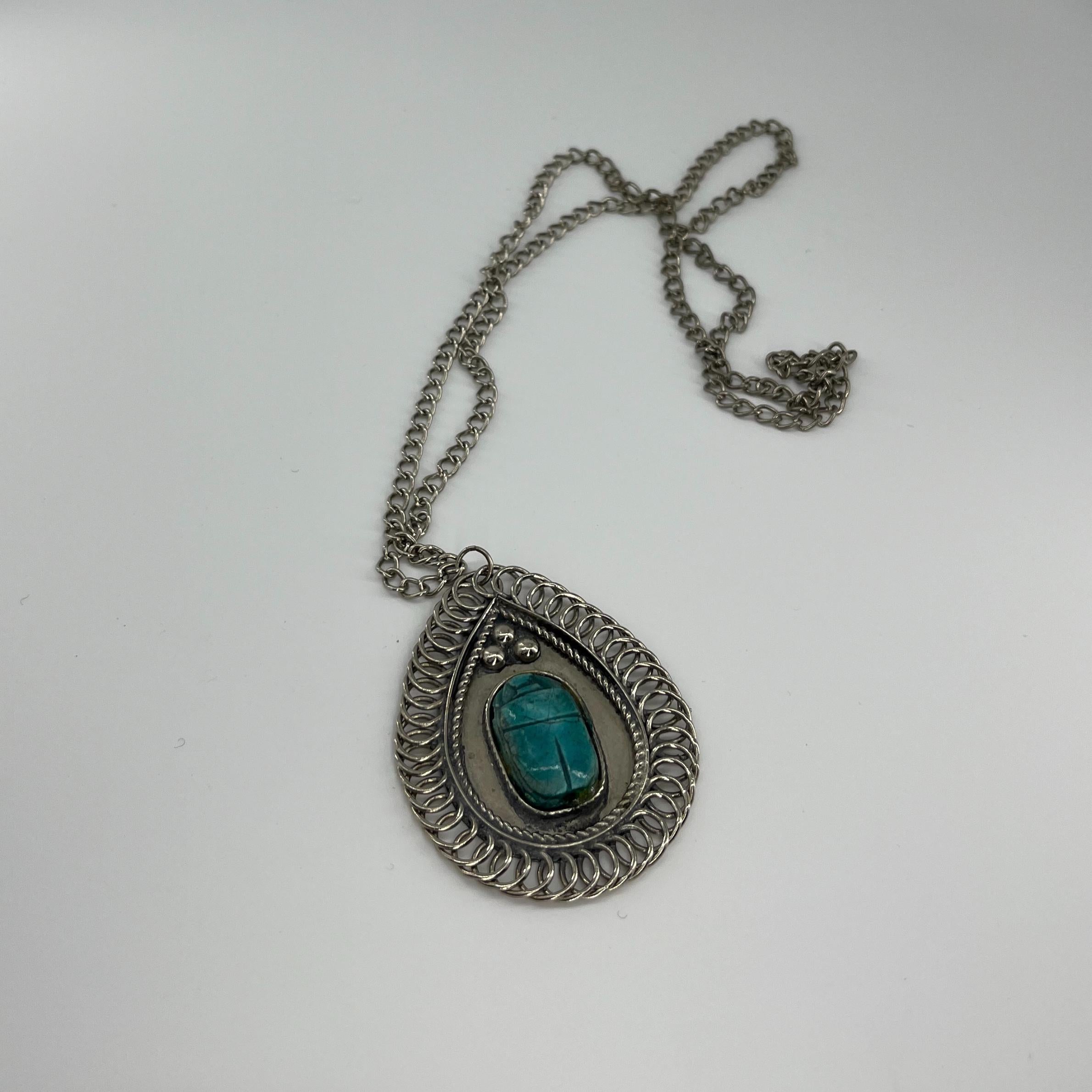 Silver Scarab Pendant Necklace: Vintage Egyptian Revival Teardrop Amulet
