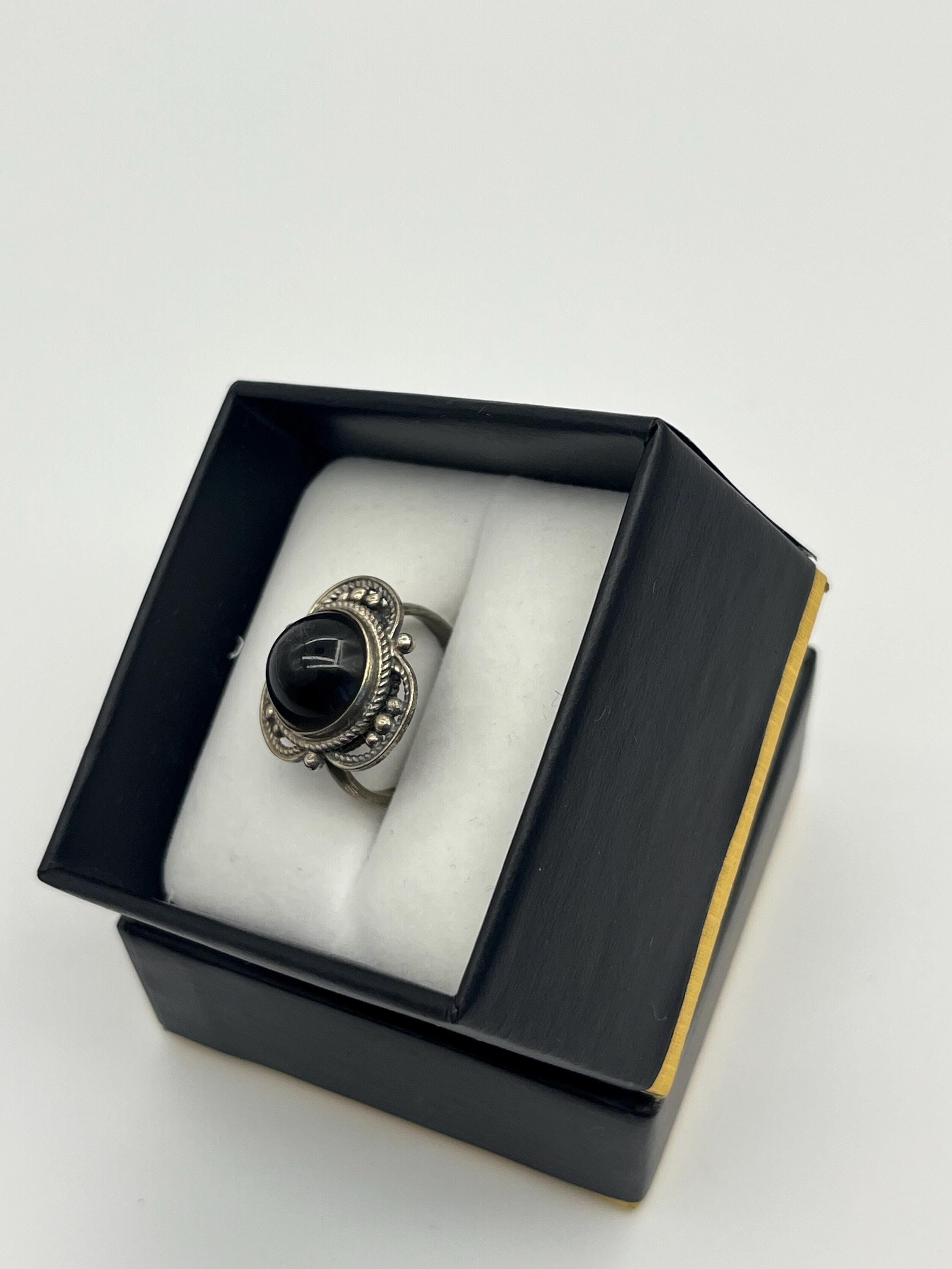 Antique-Style Silver Ring with Black Stone & Marcasite Detailing