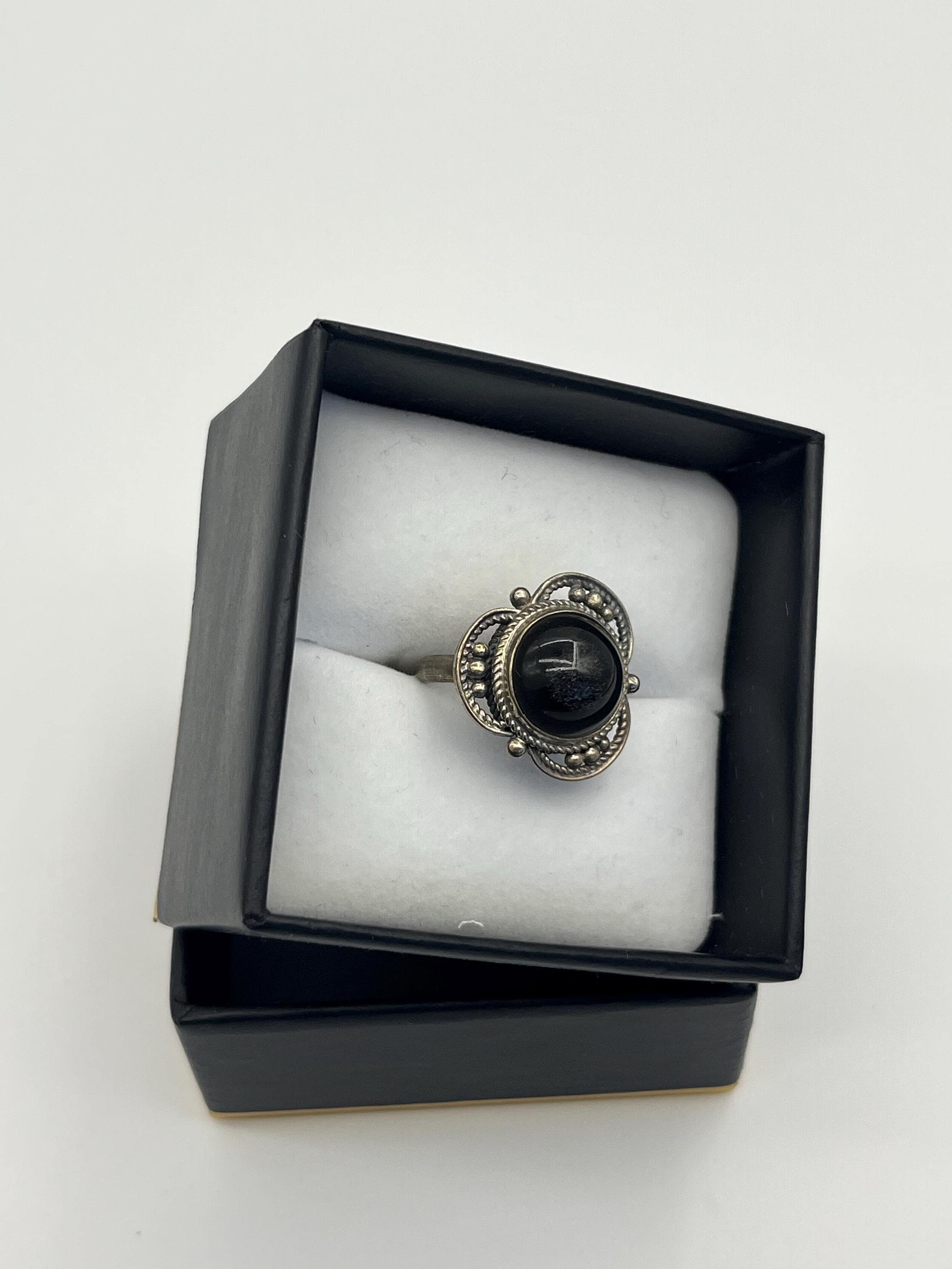 Antique-Style Silver Ring with Black Stone & Marcasite Detailing