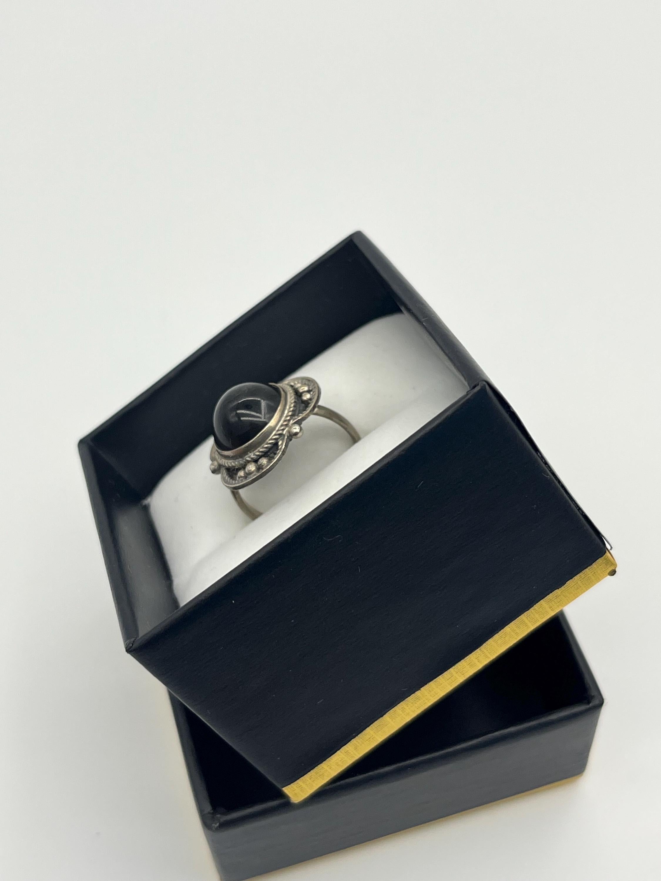 Antique-Style Silver Ring with Black Stone & Marcasite Detailing