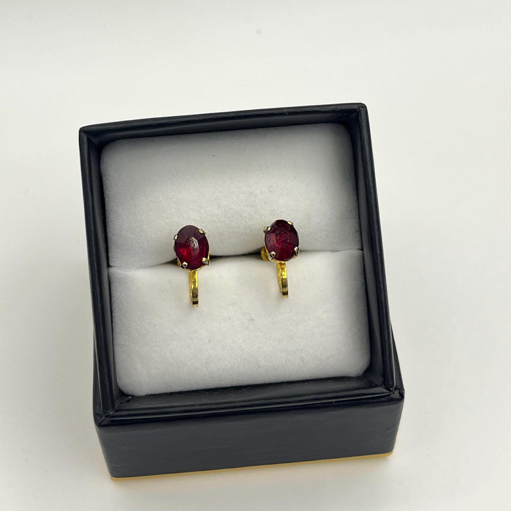 Vintage Gold Screw-Back Earrings with Deep Ruby Red Oval Stones – Old Hollywood Glamour