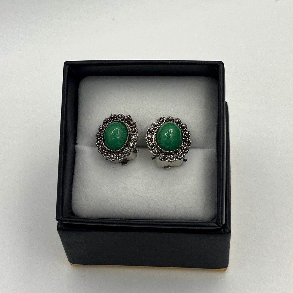 Vintage Green Marbled Clip-On Earrings | Silver Filigree Costume Jewelry