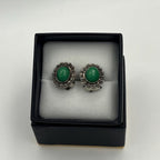 Vintage Green Marbled Clip-On Earrings | Silver Filigree Costume Jewelry
