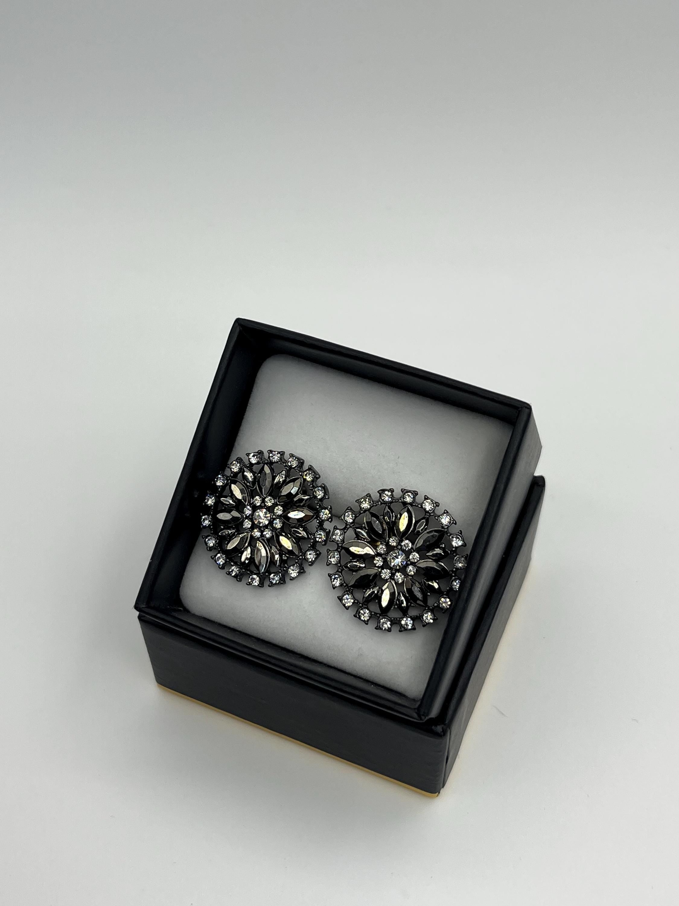 Black Swarovski Crystal Floral Statement Stud Earrings