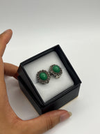 Vintage Green Marbled Clip-On Earrings | Silver Filigree Costume Jewelry