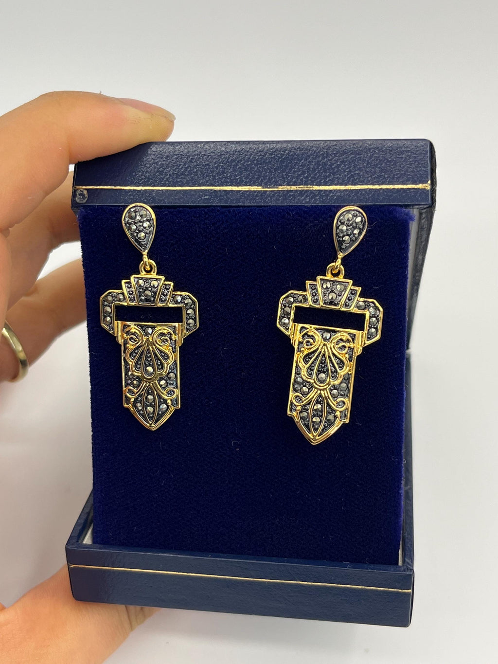 Vintage Art Deco Drop Earrings | Black Crystal & Gold Cocktail Jewelry