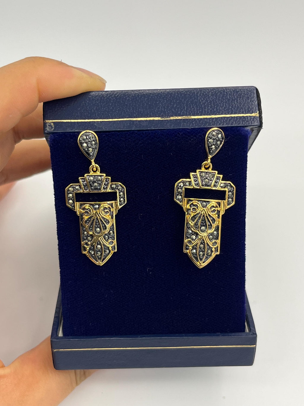 Vintage Art Deco Drop Earrings | Black Crystal & Gold Cocktail Jewelry