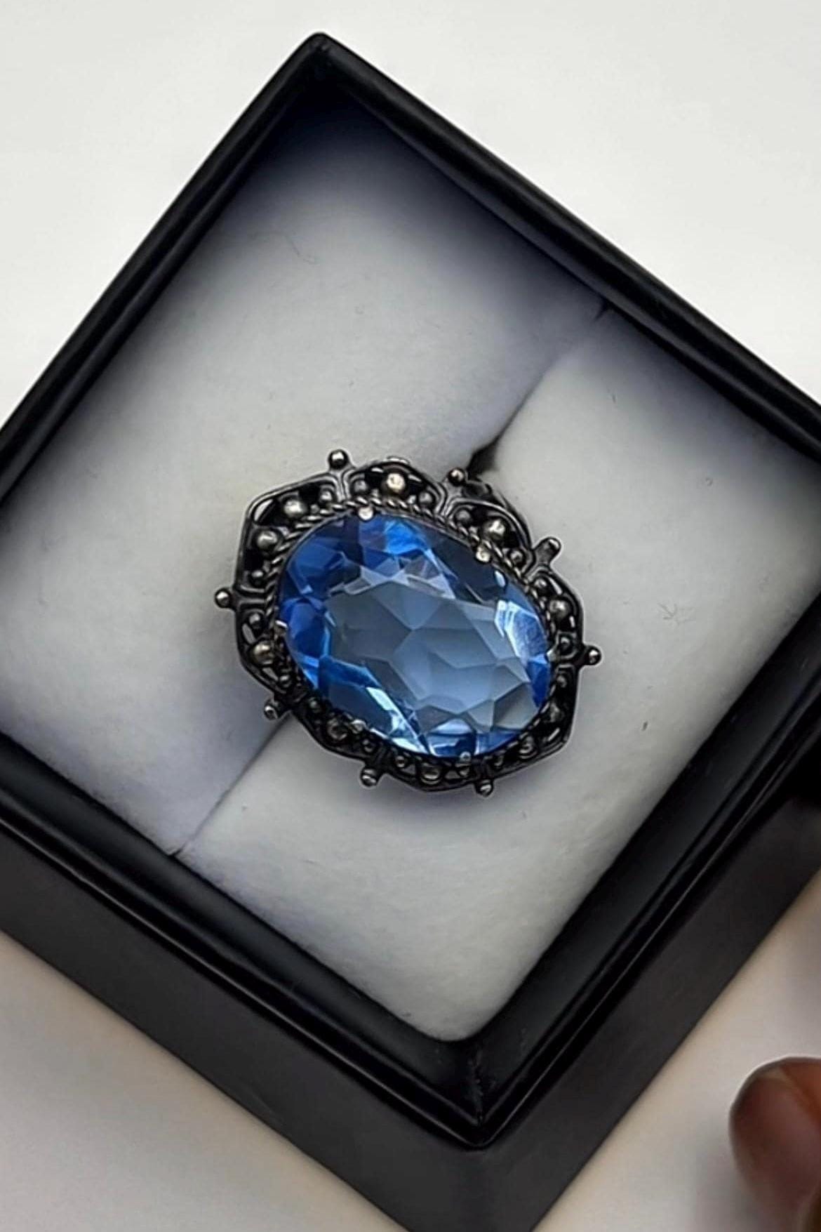 Vintage Blue Glass Cocktail Ring | Ornate Silver Statement Jewelry