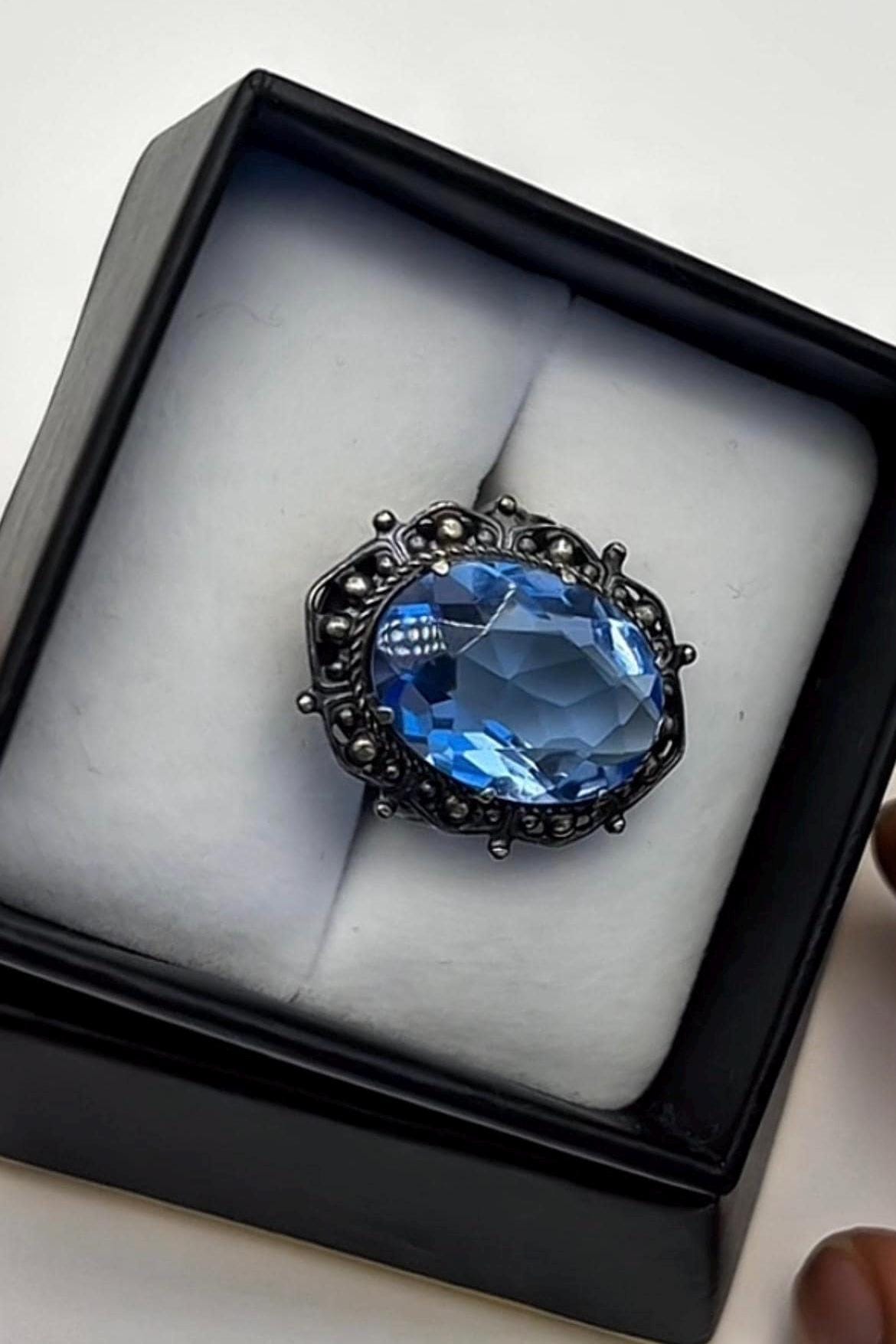Vintage Blue Glass Cocktail Ring | Ornate Silver Statement Jewelry