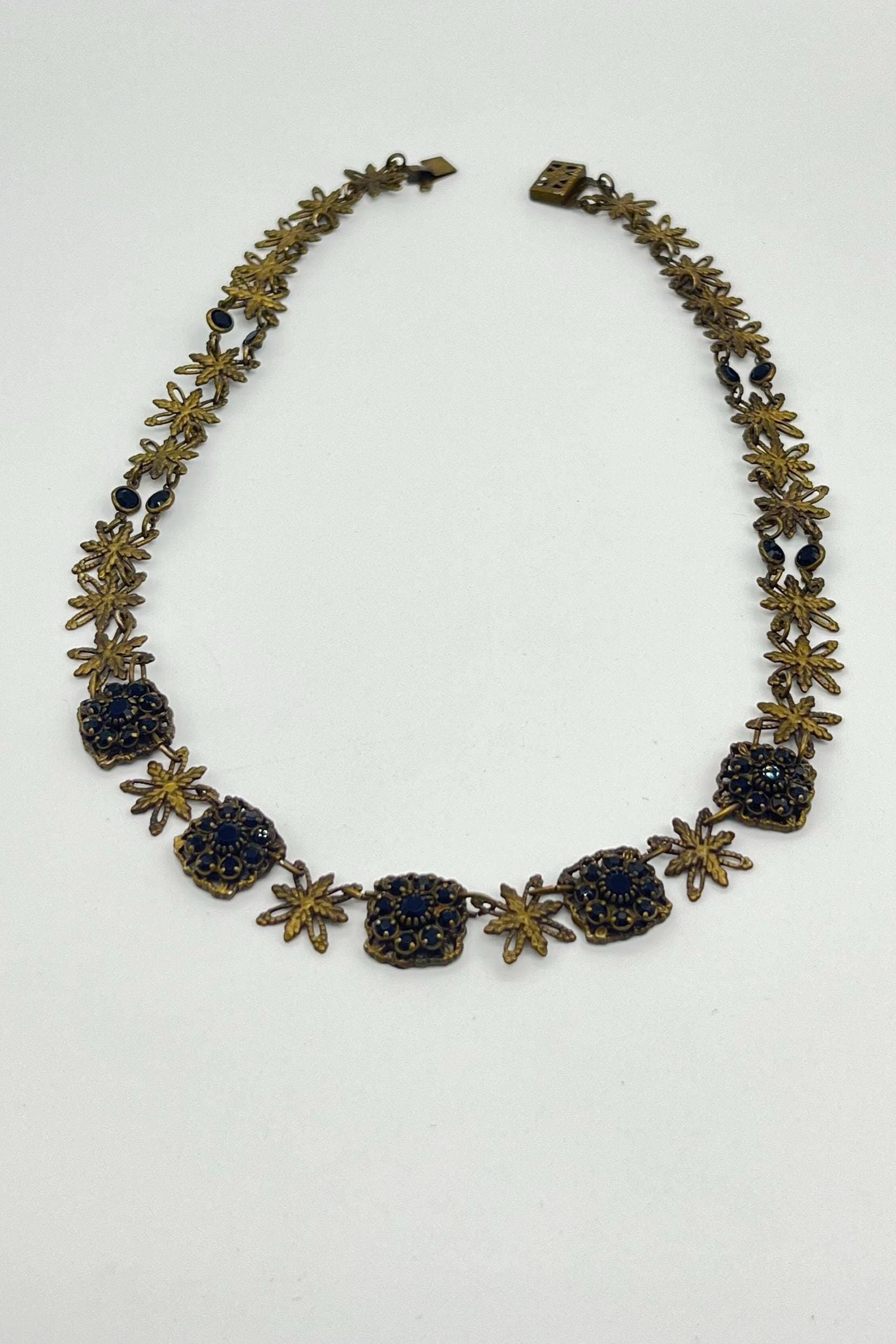 Vintage Floral Necklace | 1940s Brass Filigree, Black Gems