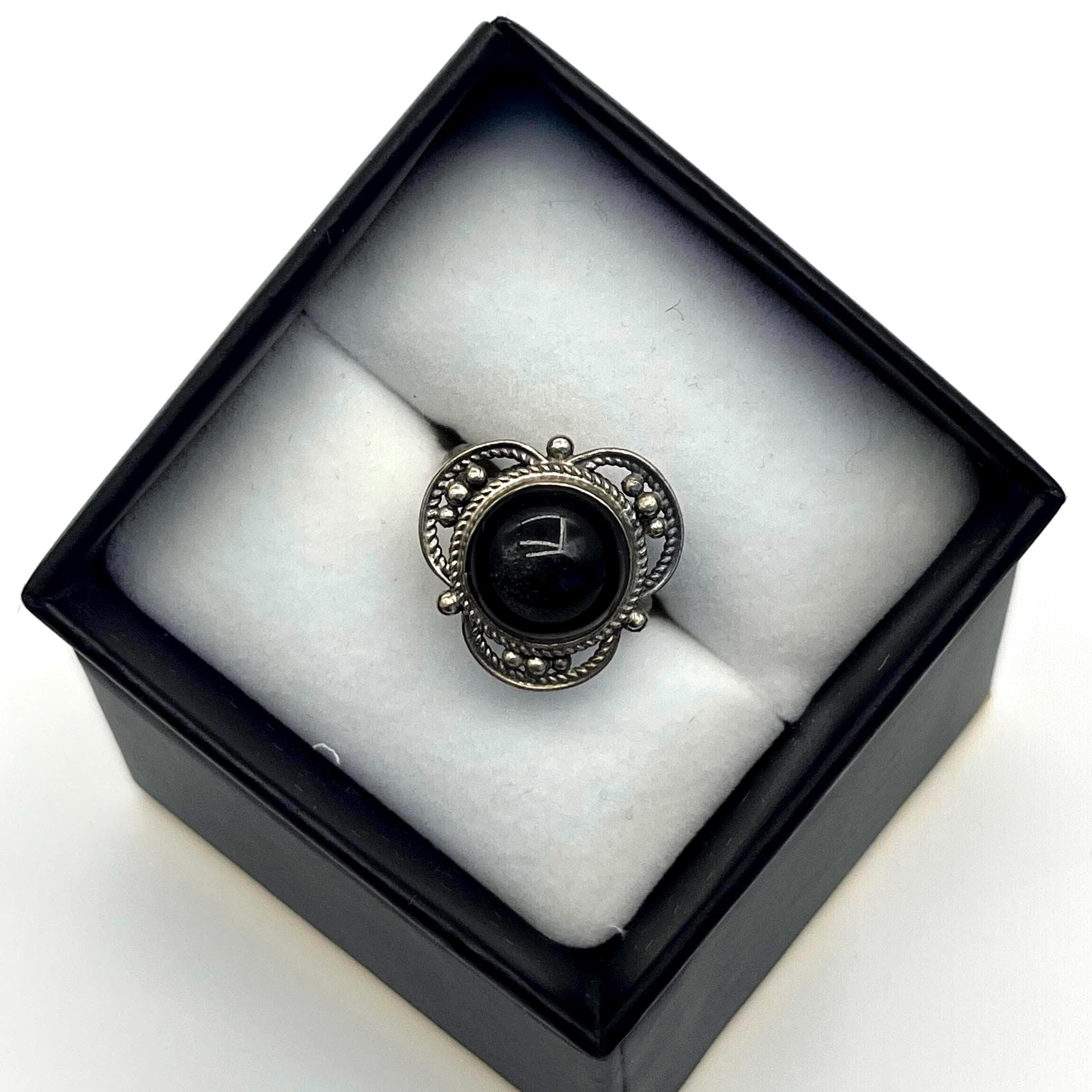 Antique-Style Silver Ring with Black Stone & Marcasite Detailing