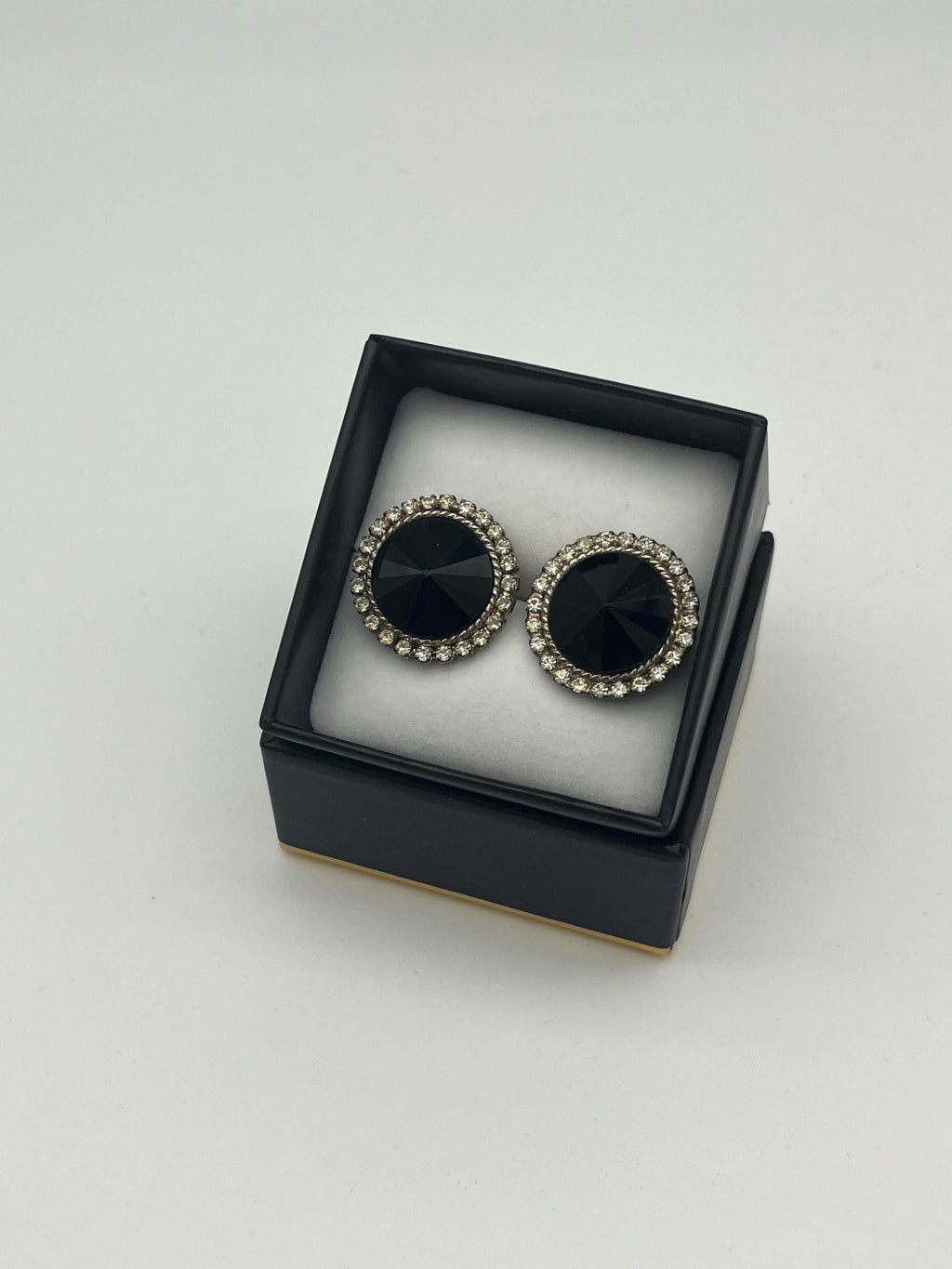 Vintage Black Crystal Stud Earrings | Rhinestone Halo, Silver-Tone