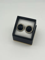 Vintage Black Crystal Stud Earrings | Rhinestone Halo, Silver-Tone