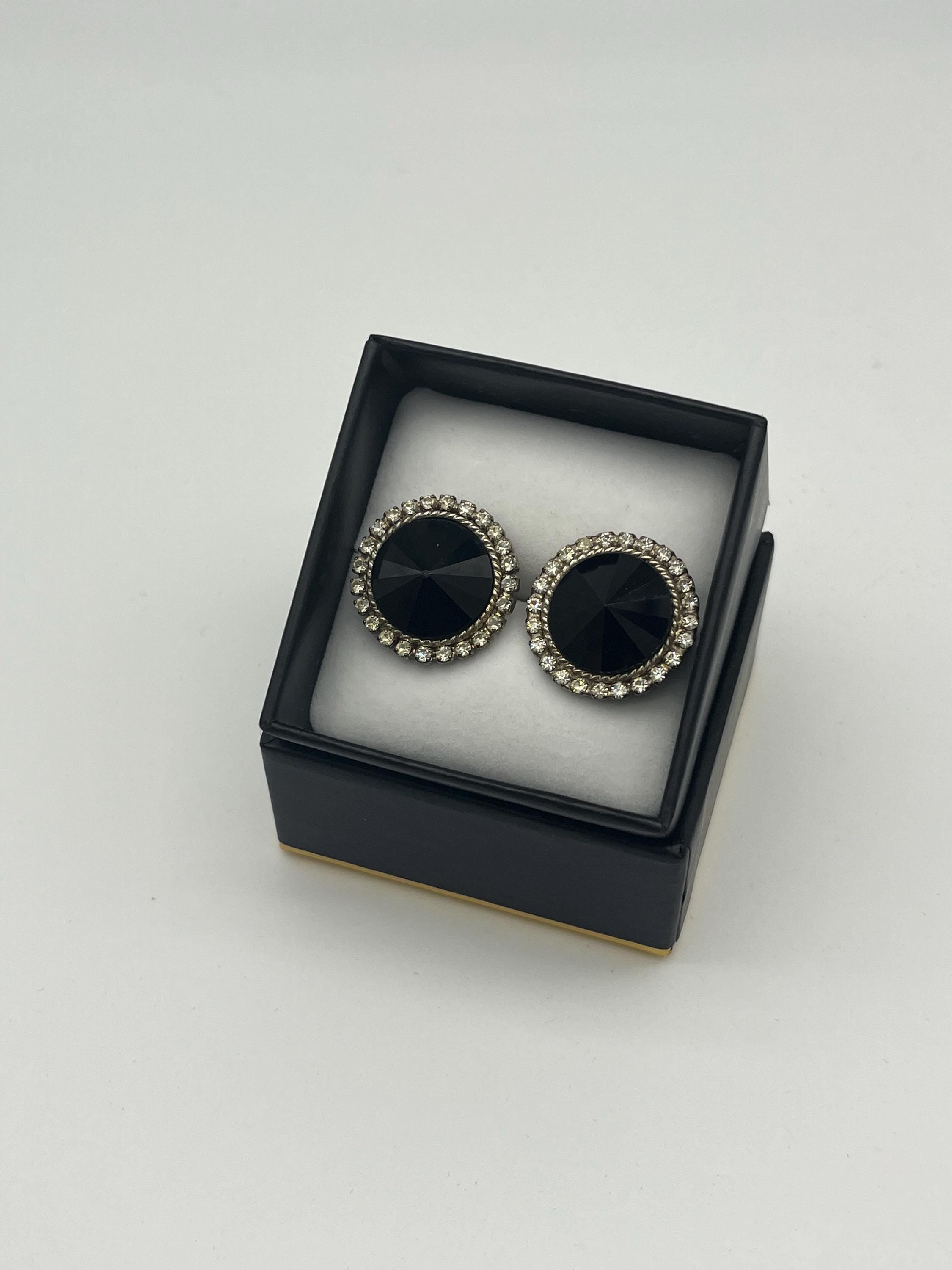 Vintage Black Crystal Stud Earrings | Rhinestone Halo, Silver-Tone