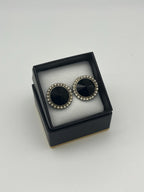 Vintage Black Crystal Stud Earrings | Rhinestone Halo, Silver-Tone