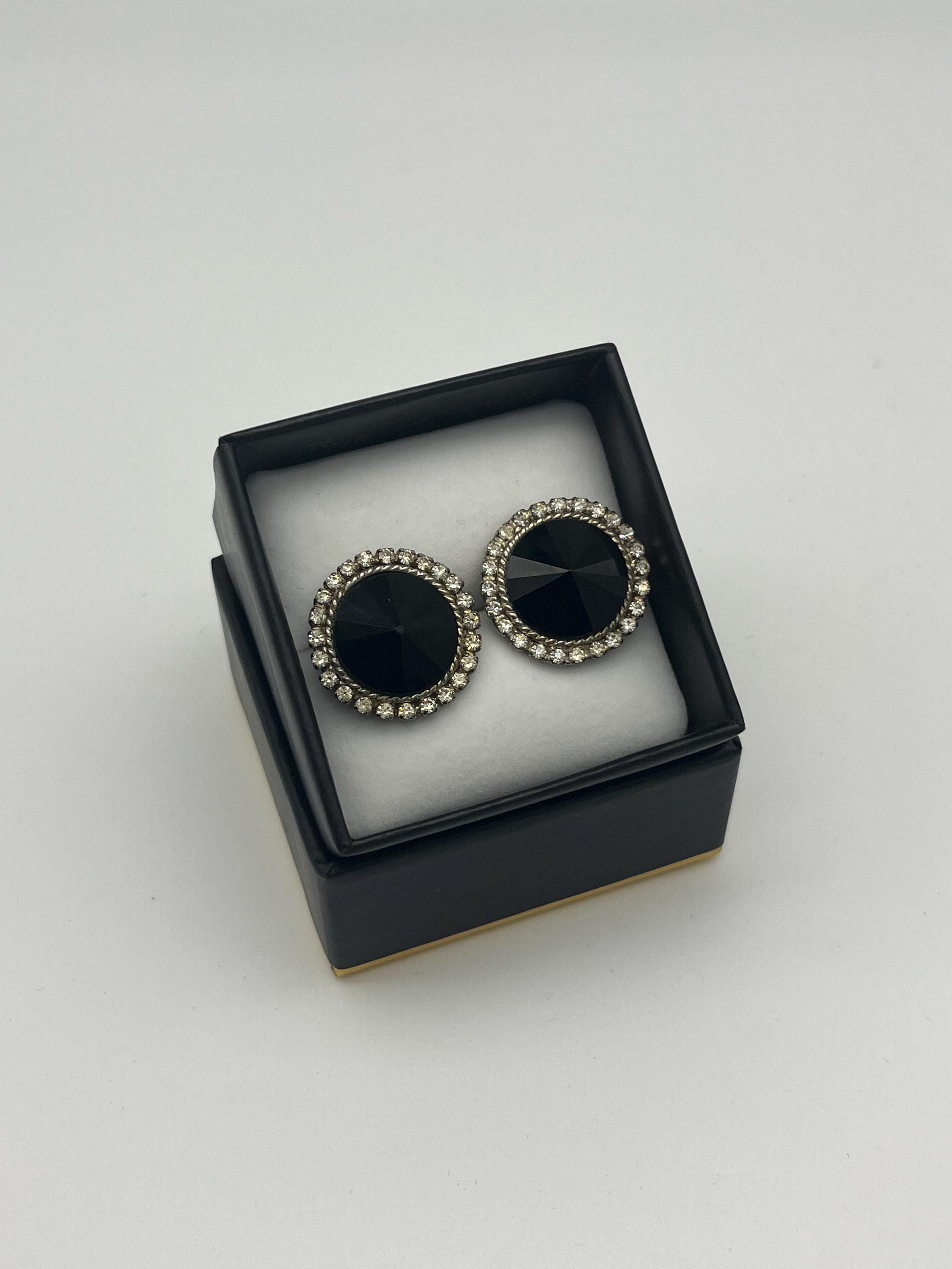 Vintage Black Crystal Stud Earrings | Rhinestone Halo, Silver-Tone
