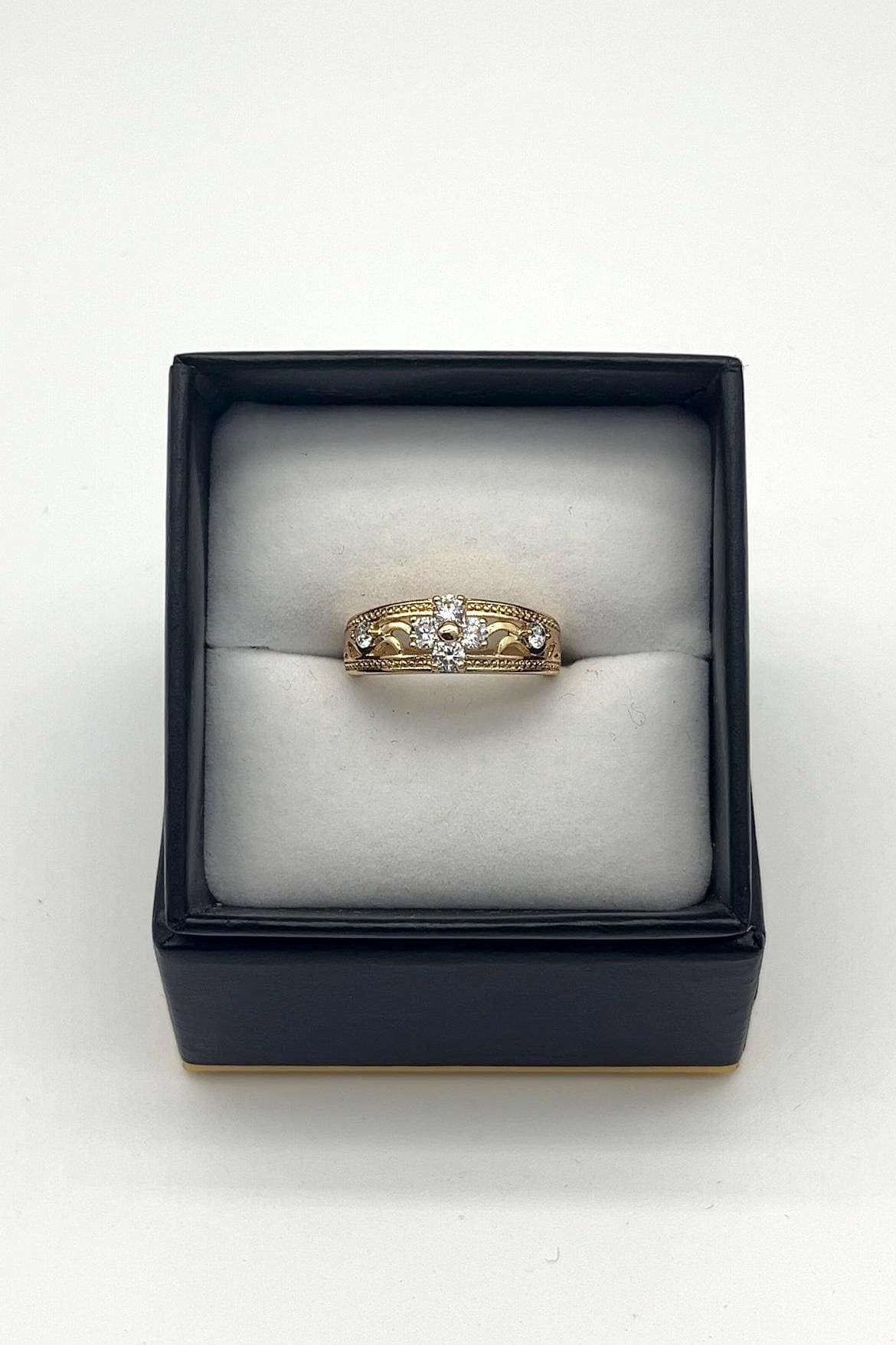 Vintage Gold Floral Crown Ring | Crystal-Accented Filigree Band | Old Money Statement Jewellery