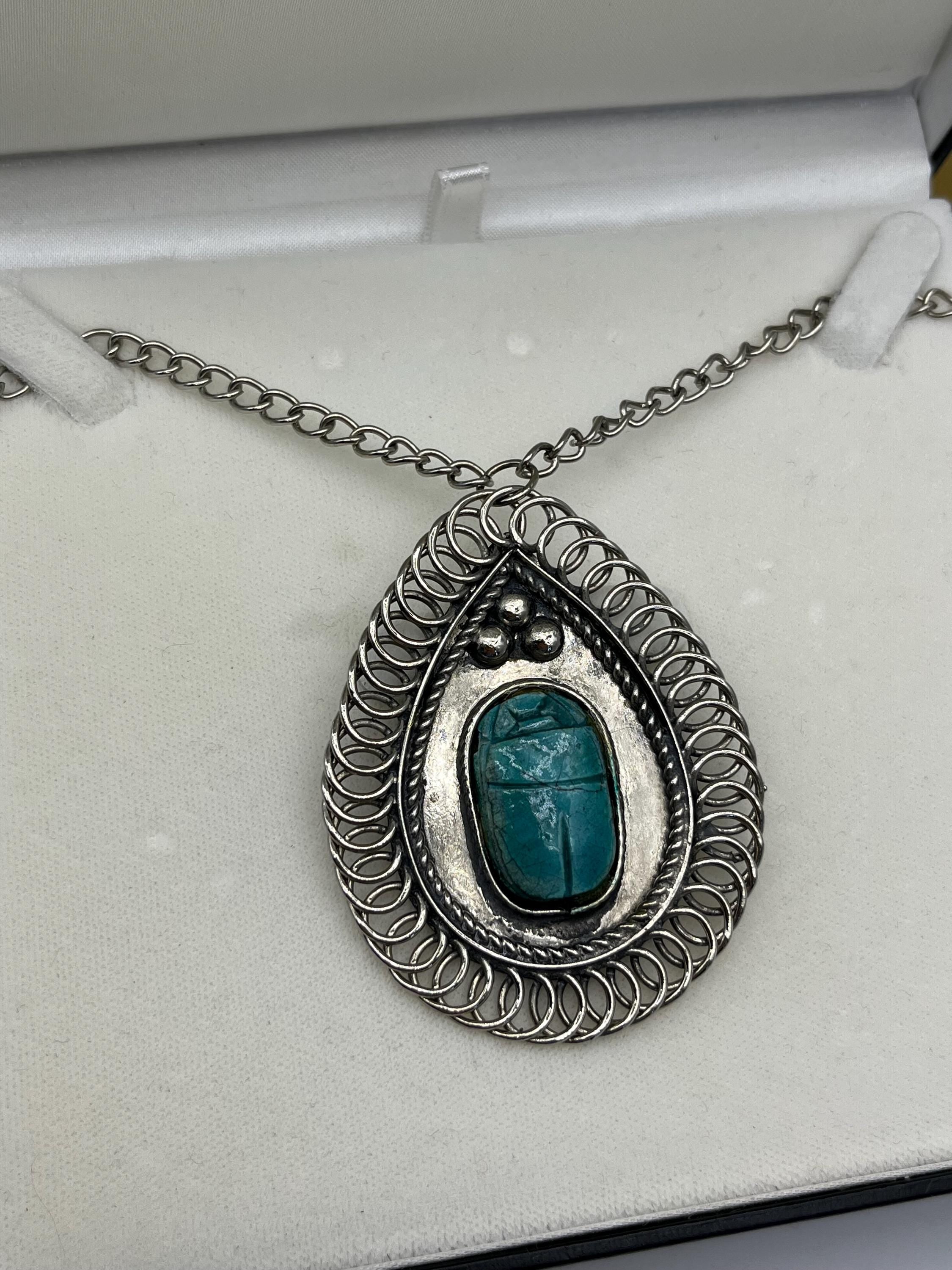 Silver Scarab Pendant Necklace: Vintage Egyptian Revival Teardrop Amulet