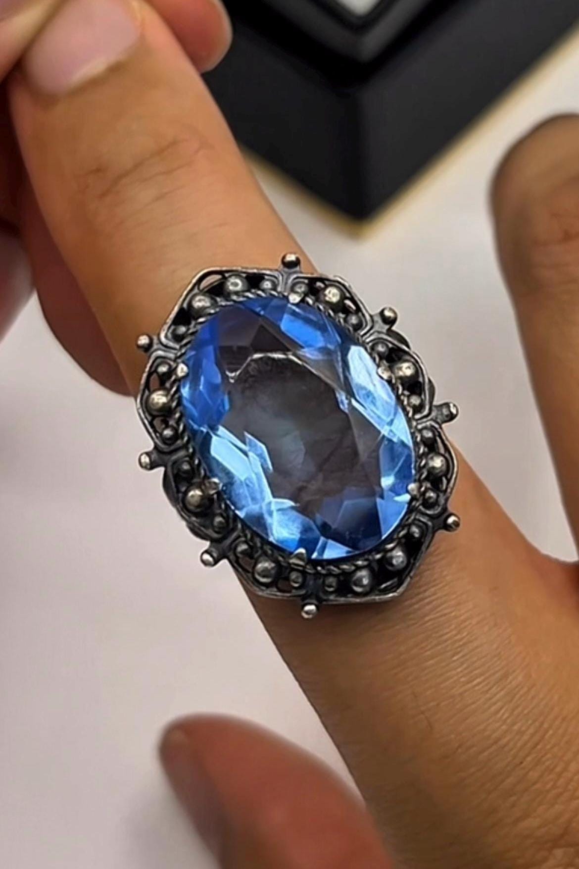 Vintage Blue Glass Cocktail Ring | Ornate Silver Statement Jewelry