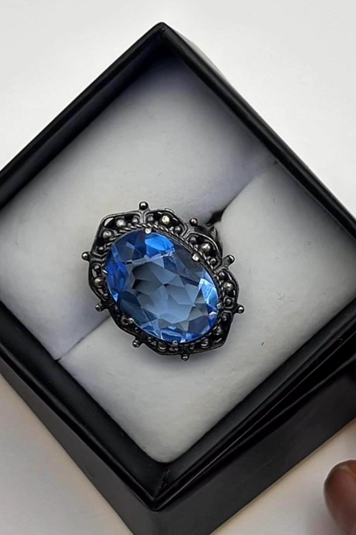 Vintage Blue Glass Cocktail Ring | Ornate Silver Statement Jewelry