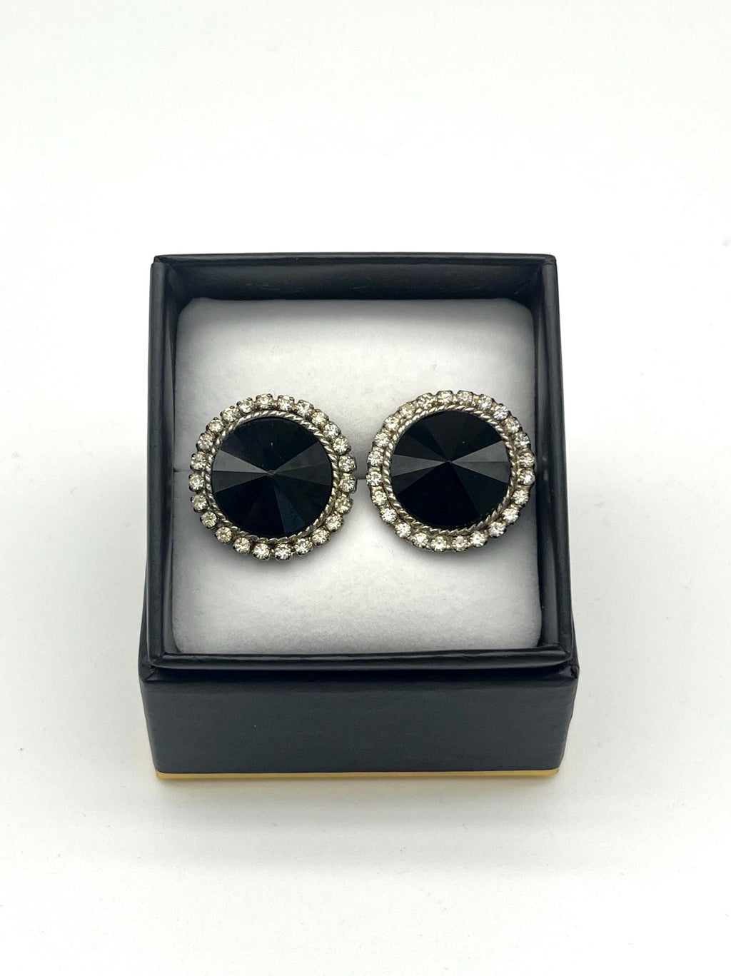 Vintage Black Crystal Stud Earrings | Rhinestone Halo, Silver-Tone