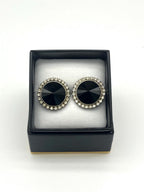 Vintage Black Crystal Stud Earrings | Rhinestone Halo, Silver-Tone
