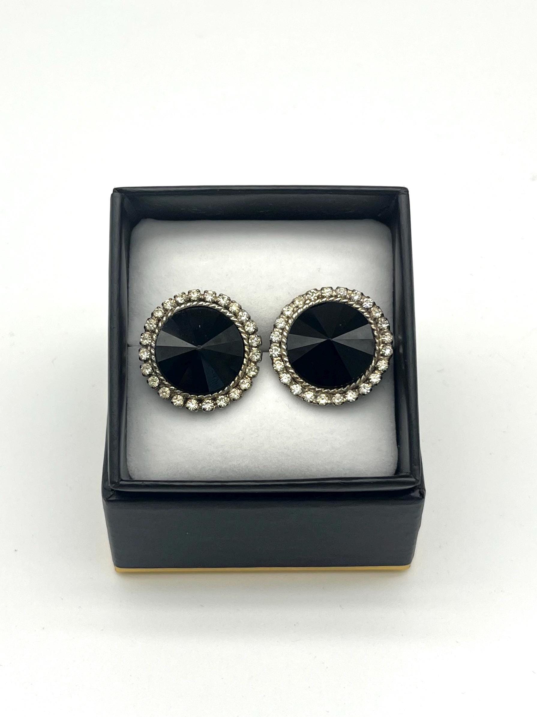 Vintage Black Crystal Stud Earrings | Rhinestone Halo, Silver-Tone