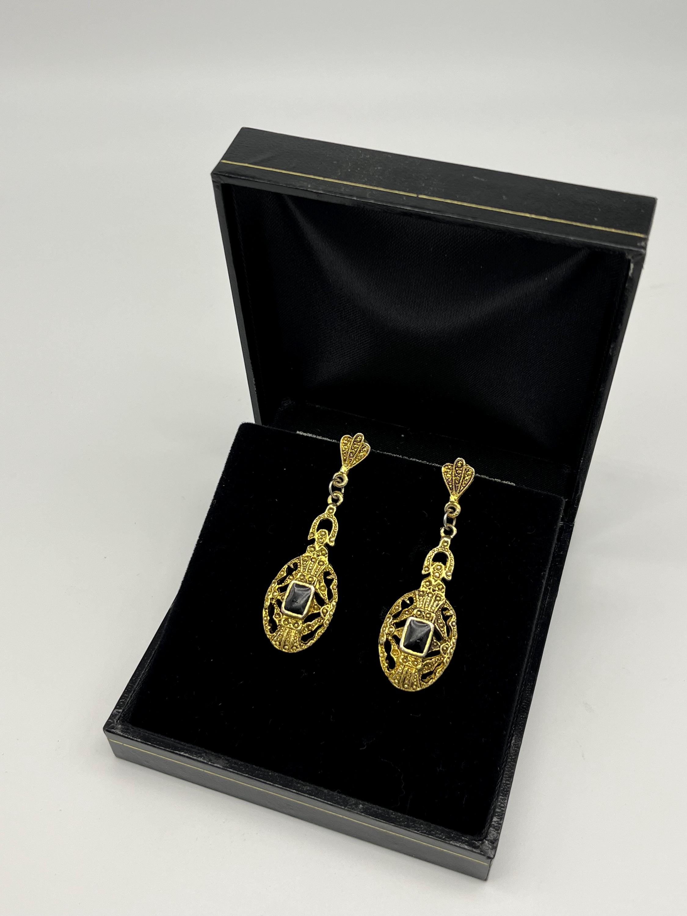 Art Deco Revival Filigree Drop Earrings | Vintage-Inspired Gold Plated Dangle Earrings with Black Onyx Glass | Statement Evening Jewellery