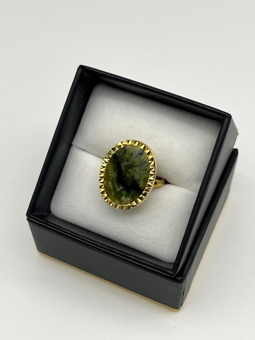 Vintage-Style Adjustable Moss Agate Ring | Oval Cabochon Gemstone | Gold-Tone Textured Setting | Elegant Preloved Statement Ring