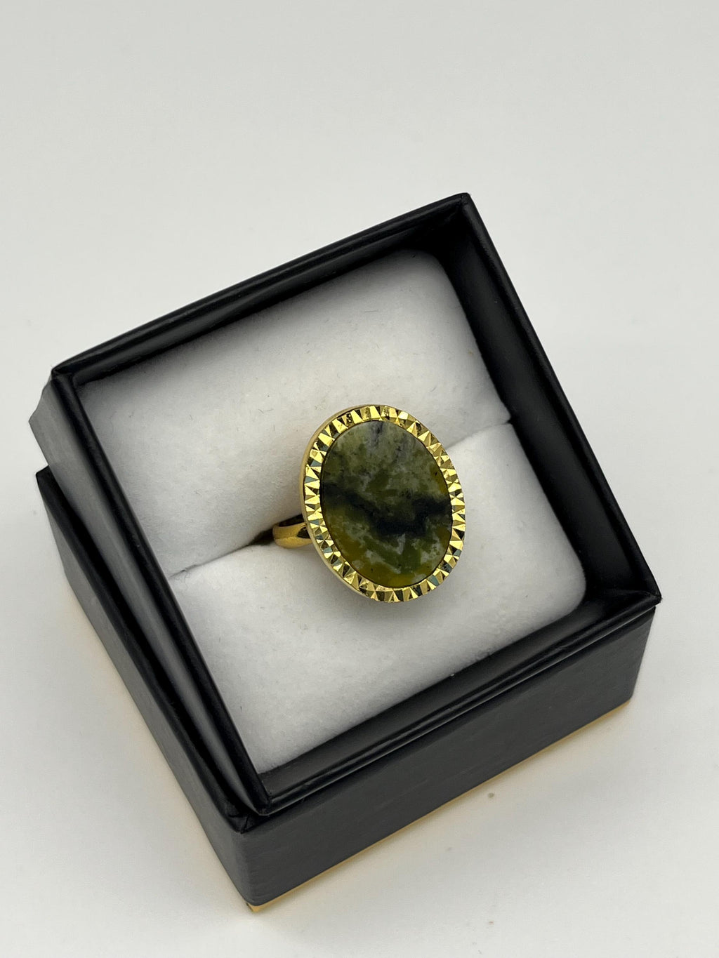 Vintage-Style Adjustable Moss Agate Ring | Oval Cabochon Gemstone | Gold-Tone Textured Setting | Elegant Preloved Statement Ring