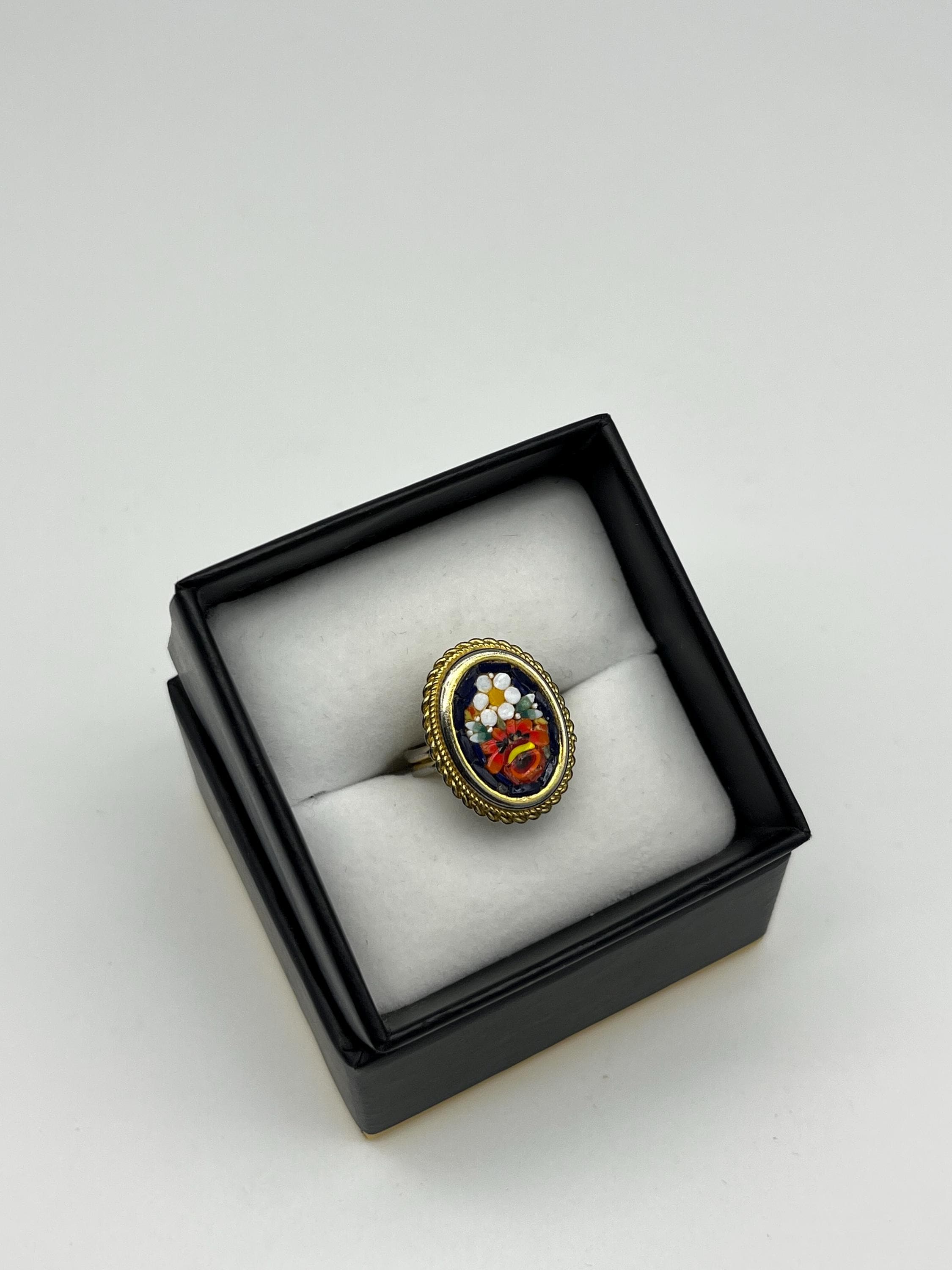 Vintage Italian Micro Mosaic Adjustable Ring – Handcrafted Floral Art in Ornate Brass Frame