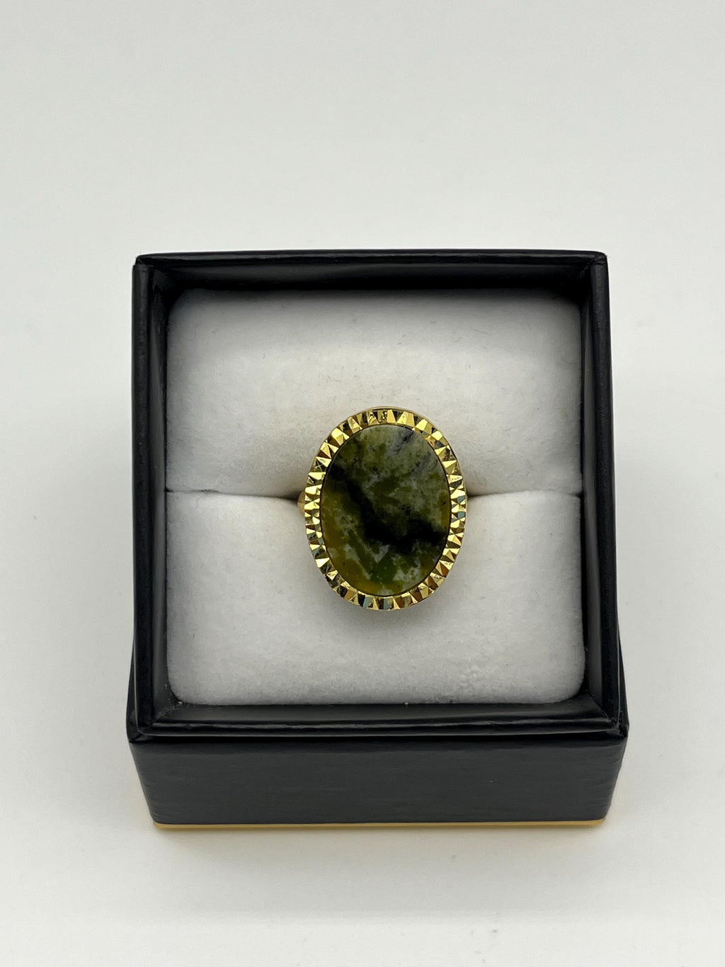Vintage-Style Adjustable Moss Agate Ring | Oval Cabochon Gemstone | Gold-Tone Textured Setting | Elegant Preloved Statement Ring