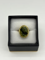 Vintage-Style Adjustable Moss Agate Ring | Oval Cabochon Gemstone | Gold-Tone Textured Setting | Elegant Preloved Statement Ring