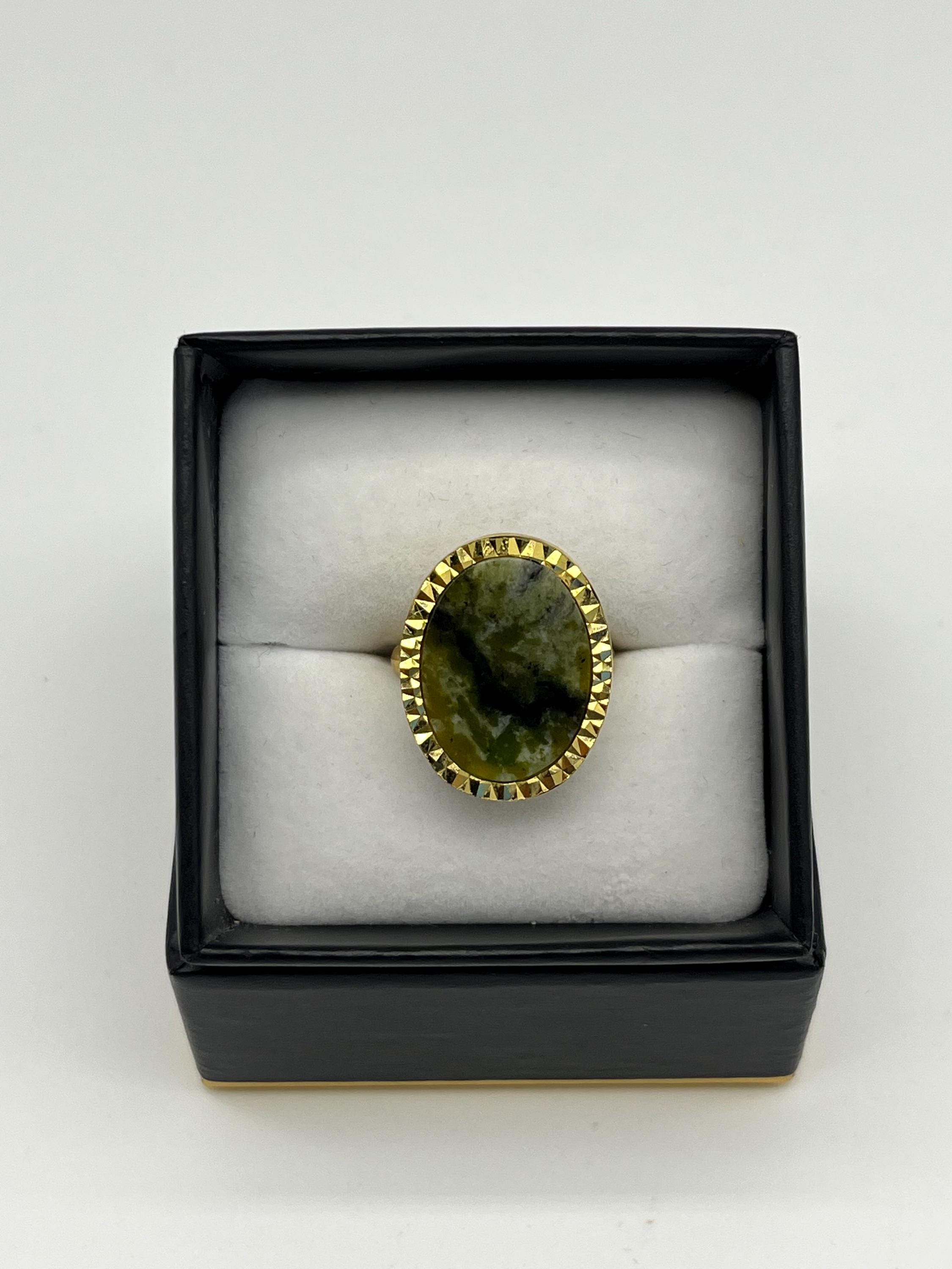 Vintage-Style Adjustable Moss Agate Ring | Oval Cabochon Gemstone | Gold-Tone Textured Setting | Elegant Preloved Statement Ring